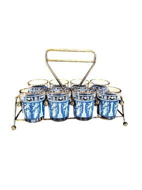 Vintage Corinthian Blue Hellenic Jasperware Jeannette Glass Company Barware Set